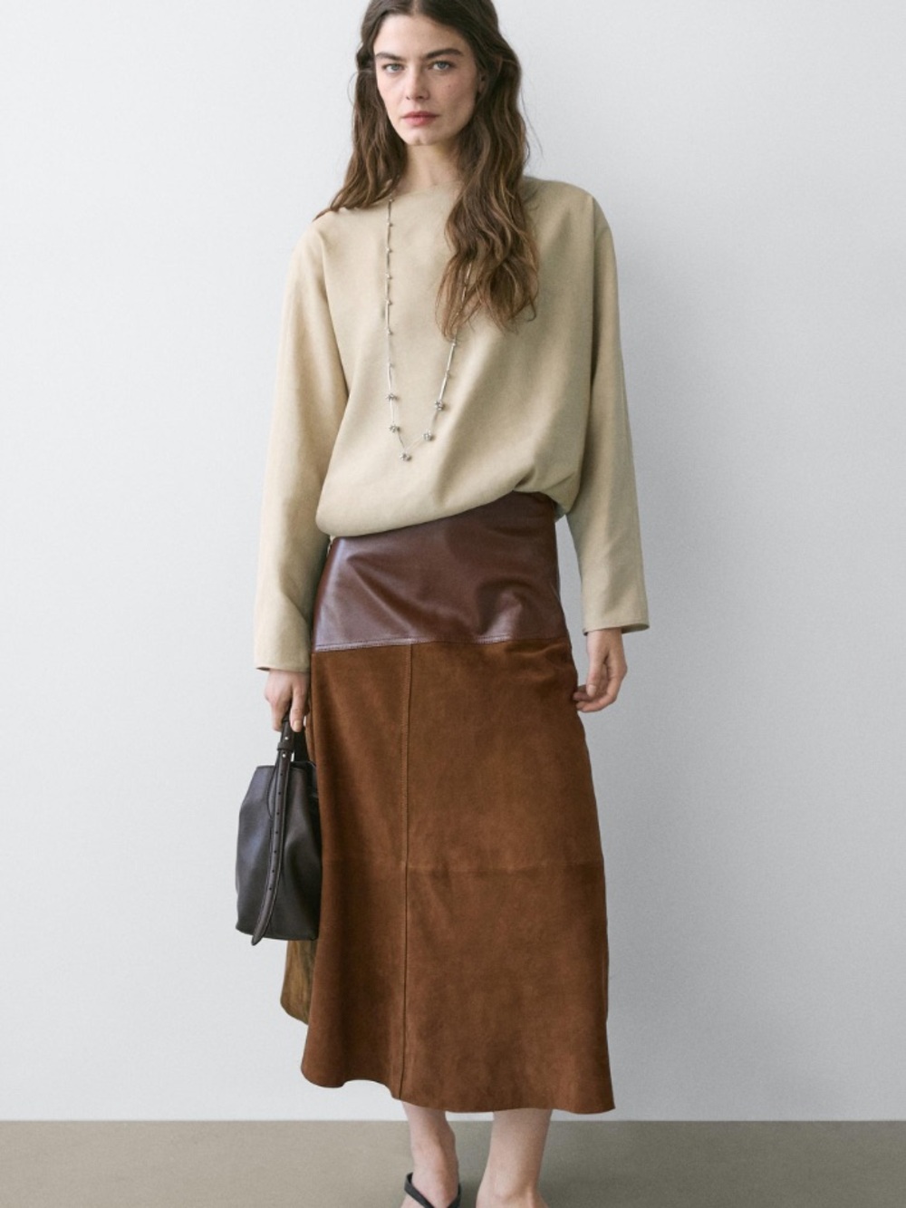 Massimo Dutti NWT SUEDE NAPPA LEATHER SKIRT WITH ASYMMETRIC YOKE 5359/679